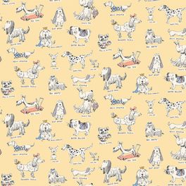 Желтые обои в детскую с модными собачками и шуточными надписями рисунка "Dandy" арт.D6 002 из каталога Bon Voyage, фабрика Loymina